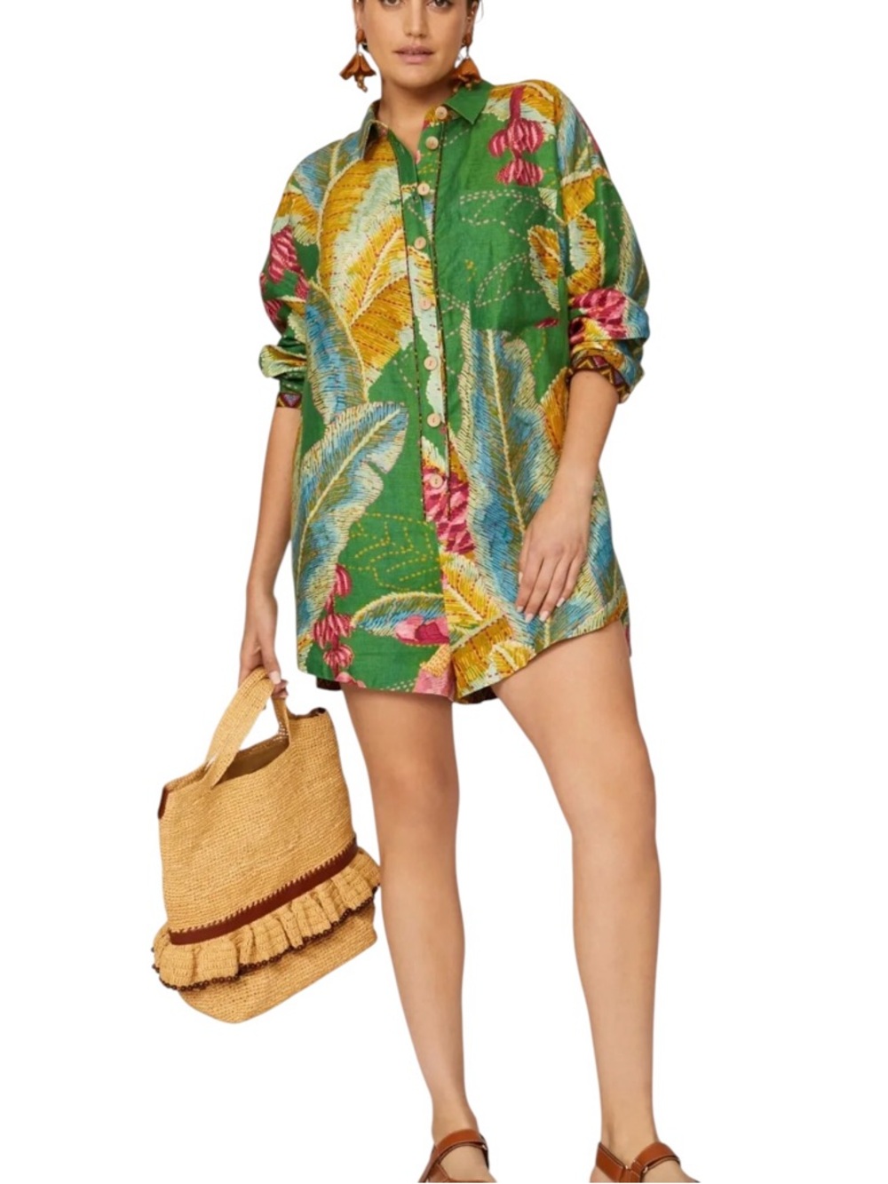 Farm Rio, 100% Linen Banana Leaves Romper  with pockets, Vacation/Resort